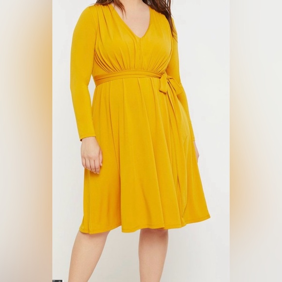 Eloquii Gathered Tie Waist V-Neck Midi Length Mustard/Gold Dress Size 14 - Picture 1 of 7
